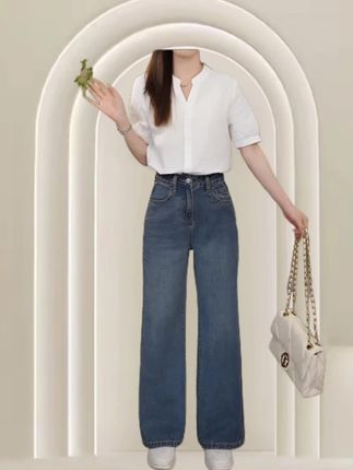 欧若风春夏季小个子女薄款高腰水洗蓝宽松牛仔春游微喇裤时尚女裤#百搭裤子 #牛仔裤 #春秋新款 #高腰牛仔裤 @DOU+上热门