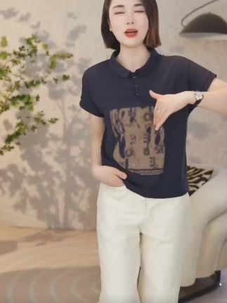 2025夏季新款女POLO领洋气显瘦百搭时尚休闲字母烫钻简约韩版上衣