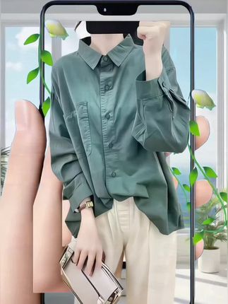秋装设计感口袋长袖衬衫女斜纹棉polo领宽松上衣2025新款显瘦衬衣#长袖衬衫 #显瘦衬衣#宽松上衣