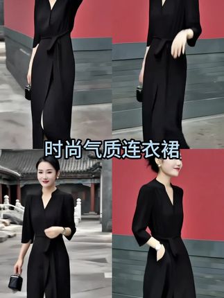 法式简约休闲宽松连衣裙女早秋微胖显瘦气质系带收腰黑色开叉裙子#连衣裙#显瘦连衣裙#女装#气质穿搭#穿搭
