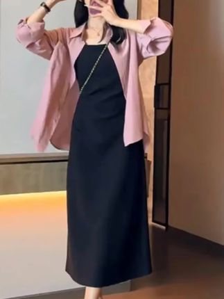 #连衣裙套装 秋季防晒衣新款衬衫吊带中长裙两件套时尚显瘦轻奢高级感女装#显瘦套装 #休闲套装 #吊带连衣裙两件套 #套装裙