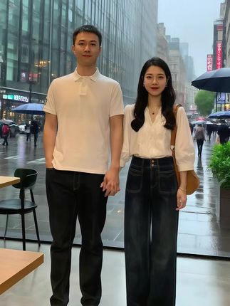 秋日街隅的浪漫~她身着白色V领蕾丝上衣,搭配深蓝色高腰阔腿牛仔裤,肩挎棕色皮质包包,脚踩白色厚底鞋。夕阳为街道镀上金边,她捧着红玫瑰站在咖啡店前,落叶在脚边打转。爱人在身旁,白色轿车缓缓驶过,光影透过枫树叶在她发梢跳跃。转身时,身影在风中扬起温柔弧度,笑容与街灯一同点亮深秋的傍晚。#气质穿搭 #衬衫穿搭 #小个子穿搭 #早秋穿搭 #通勤搭配