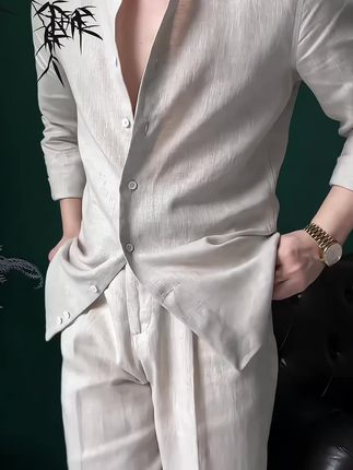 Agustin_Chen 意式那不勒斯【100%亚麻】男士修身套装慵懒老钱风#高级感穿搭 #穿出高级感 #亚麻 #亚麻套装 #老钱风穿搭