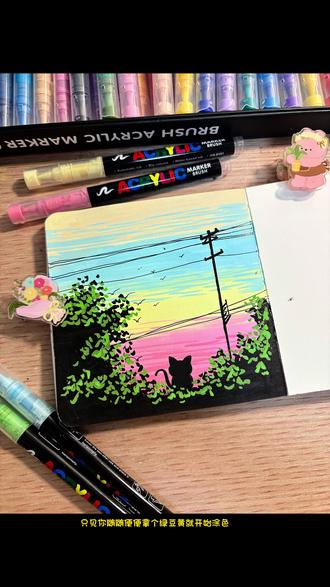 黄昏正美,喵喵也在陪我发呆 | 丙烯马克笔 #丙烯马克笔 #绘画过程分享 #治愈系风景画 #创作者中心 #创作灵感