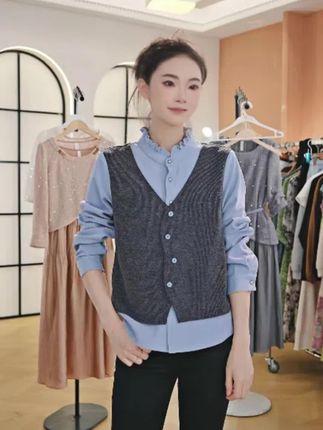 F秋新款女装气质百搭假两件拼接衬衫长袖显瘦上衣#假两件拼接衬衫 #长袖显瘦上衣