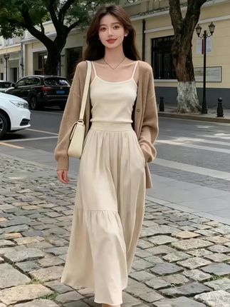 #大码女装 #温柔风穿搭 #毛衣 #吊带 #半身裙套装