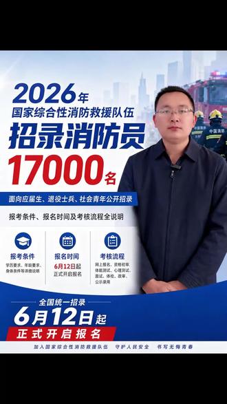 26 年国家综合性消防救援队伍招录消防员 17000 名 招录详解:报名时间、岗位要求、考核内容汇总
体能 / 心理 / 面试三大考核重点提前掌握
应届生、退役士兵、社会青年报考须知