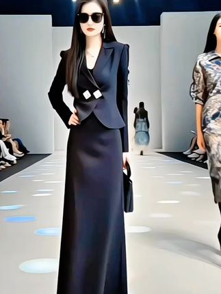 优雅气质外套女2025春季新款时尚别致设计感修身V领长袖+半身裙#气质女神范儿