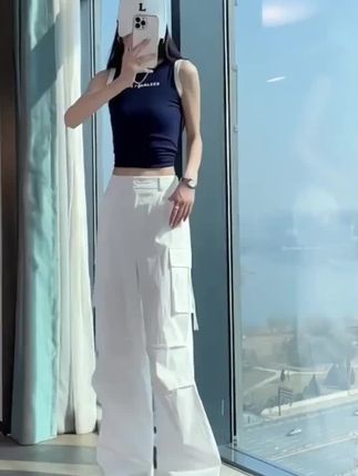 冰丝白色工装裤女夏季薄款2025新款超火酷飒风美式速干阔腿运动裤
