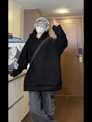 黑色600g重磅卫衣男硬挺春秋美式复古纯色连帽外套oversize情侣装#月高风定露华清