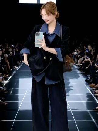 轻熟风假两件上衣阔腿裤2025春秋新款小众轻奢高级感复古韩系套装#时尚潮流穿搭 #通勤搭配