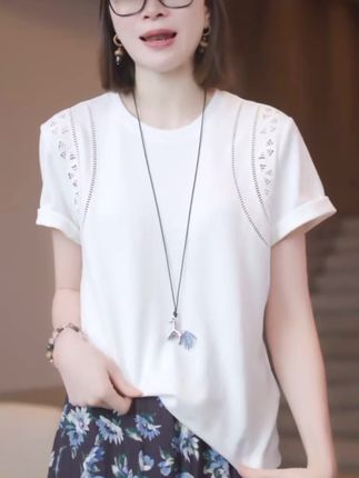 【月牙肩】 棉 夏季休闲刺绣短袖T恤 #夏季穿搭 #穿出高级感 #今日穿搭 #宽松版型 #小清新穿搭