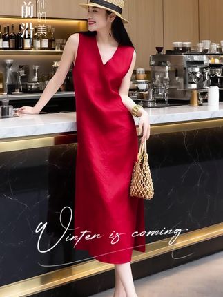 夏季新款红色亚麻背心裙,将名媛优雅与度假松弛融合,无袖+长裙型,打造专属时尚氛围#时尚气质穿搭 #显瘦连衣裙 @抖加🔥上热门🔥dou+🔥热点宝