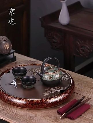 京也纯黄铜茶盘圆形轻奢现代功夫茶具盘家用干泡茶台茶海茶托盘#黄铜茶盘
