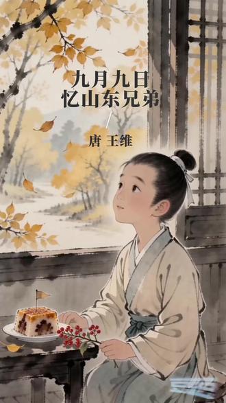 《九月九日忆山东兄弟》唐·王维 独在异乡为异客,
每逢佳节倍思亲。
遥知兄弟登高处,
遍插茱萸少一人。
#国学启蒙 #古诗配画 #幼儿古诗 #王维 #AI创作