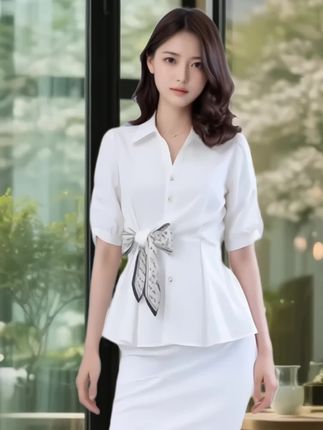 #白色女士雪纺衬衫女夏季#新款短袖上衣小衫收腰衬衣 #优雅气质 #通勤搭配 #职场穿搭