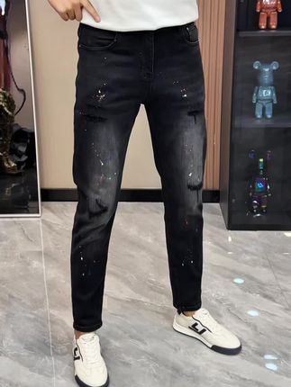 牛仔裤男款早秋男裤时尚泼墨刺绣小脚裤男弹力修身水洗黑色牛仔裤 #牛仔裤 #简约大气 #品质男装 #牛仔裤穿搭 #潮流男裤