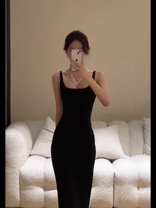 步步生莲裙子吊带连衣包臀裙黑色设计感气质名媛鱼尾长款辣妹裙子