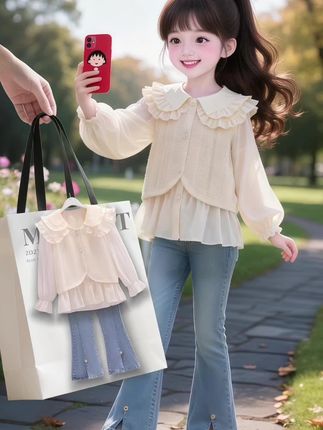 女童娃娃领甜美衬衫牛仔裤套装 #不同身材的女生如何扬长避短 #早秋秀场抄作业告别路人感 #说好的随便穿穿去看秀 #女宝穿搭 #甜美穿搭 @抖加🔥上热门🔥dou+🔥热点宝