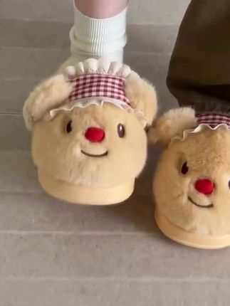 可爱黄油小熊毛绒棉拖鞋女款2025新款居家外穿加绒保暖毛毛拖鞋女