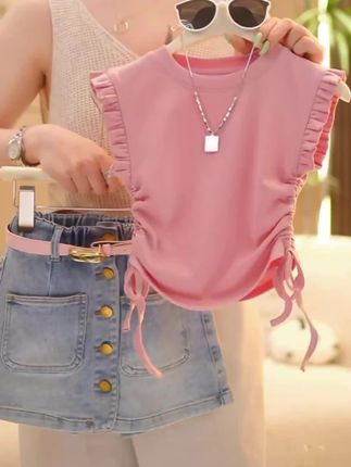 女童夏装套装2025夏季新款儿童洋气短袖百搭牛仔裙裤中大童两件套#女童时尚休闲套装