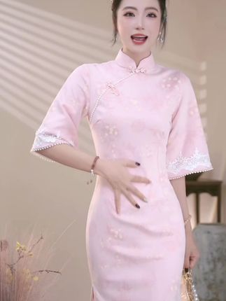 旗袍新中式秋季七分袖新款苏州改良女装连衣裙中国风粉色优雅日常