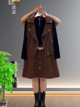 #大码穿搭 秋季新款时尚大翻领拉链设计马甲搭配连衣裙洋气减龄气质套装#藏肉显瘦穿搭 #时尚潮流穿搭