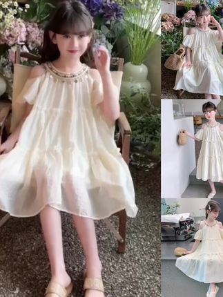 女童夏装连衣裙2025新款洋气儿童夏季露肩裙子女孩中大童公主裙