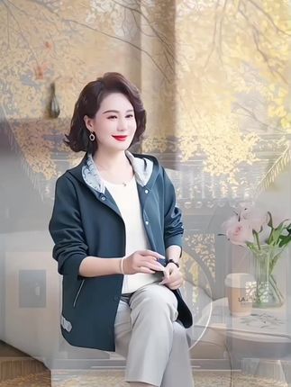 中老年妈妈外套连帽风衣新款休闲中年春秋时尚洋气夹克宽松上衣女#妈妈外套 #连帽风衣 #夹克 #秋季穿搭 #上衣