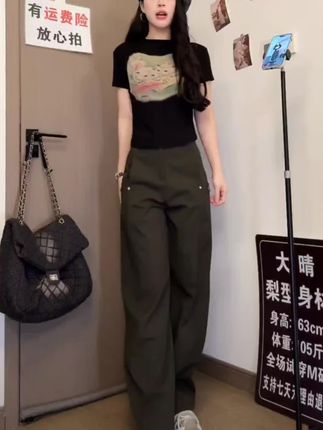美式直筒休闲裤2025早秋新款柳丁设计感显瘦弯刀工装裤8287#