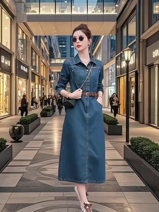 宽松牛仔连衣裙女装2025春秋季新款韩版收腰显瘦翻领中长款裙子潮 #牛仔连衣裙 #时尚穿搭 #遮肉显瘦 #秋季穿搭 #时髦穿搭