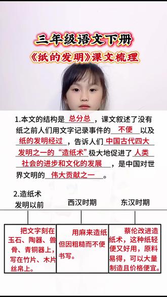 三年级语文下册 第四单元课文《纸的发明》课文梳理#小学语文 #知识点总结 #语文笔记 #语文学习
