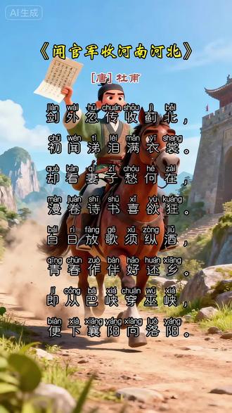 第147集 | 古诗动画讲解!《闻官军收河南河北》唐·杜甫
译文:
剑门外忽传收复蓟北的消息,初闻此事分外欢喜泪洒衣衫。回头看妻儿的愁云顿时消散,随便地收拾起诗书欣喜若狂。日头照耀放声高歌痛饮美酒,明媚春光陪伴着我返回故乡。快快动身起程巴峡穿过巫峡,我穿过了襄阳后又直奔洛阳。#小学语文 #语文学习 #幼儿启蒙动画 #国学文化 #唐诗三百首