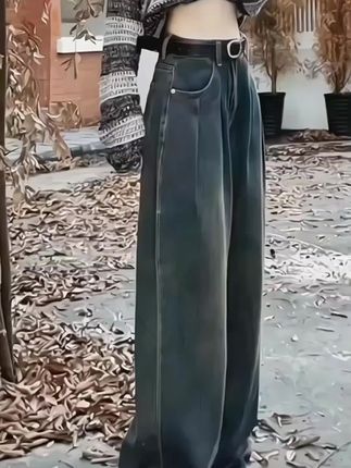 加绒褶皱阔腿牛仔裤女 秋冬新款加厚复古 高腰显瘦直筒拖地长裤#加绒阔腿裤 #牛仔裤 #我要上热门🔥