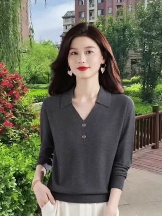 大码女秋冬新款翻领上衣女polo衫宽松显瘦针织衫百搭打底衫#秋冬打底衫