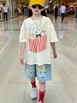 女童2025新款夏季t恤短袖夏装上衣中大童宽松休闲牛仔短裤两件套#潮童穿搭 #出街穿搭 #每日分享 #街头时尚穿搭 #酷女孩穿搭