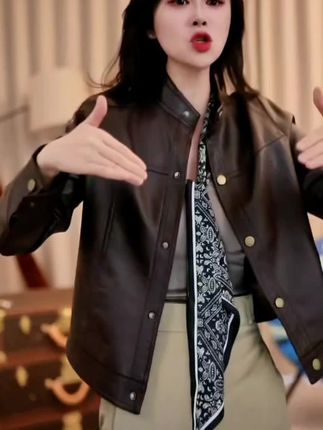 海宁皮衣女士短款立领机车服春季新款280#女装搭配 #女上衣 #皮衣 #立领外套 #短款外衣