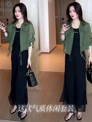 气质休闲夏季衬衫女薄款高腰秋季时尚压褶防晒短款百搭成人套装潮