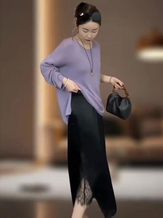 蕾丝醋酸半身裙女秋季薄款高级感欧货大码胖mm显瘦垂感中长裙女#好物推荐🔥