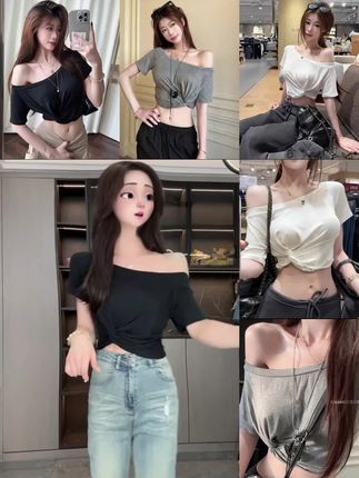 白色斜肩短袖T恤女夏季设计感小众扭结露肩修身显瘦短款辣妹上衣#短袖t恤