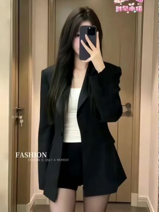 黑色炸街韩版显瘦西装外套女春秋新款掐腰气质百搭休闲网红西服#日常分享 #火爆来袭 #看过来