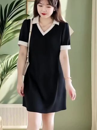 胖mm大码女装连衣裙夏季新款V领简约显瘦收腰气质遮肚子黑色a字裙@DOU+小助手 @DOU+好生意 @DOU+上热门