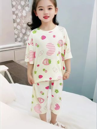 儿童睡衣夏季薄款莫代尔棉小女孩空调服宝宝七分袖套装女童家居服#甜美穿搭 #小清新穿搭 #高品质童装 #谁穿谁好看系列 #每日童装穿搭分享