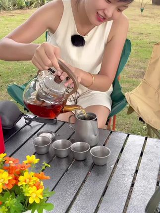 户外露营野餐不锈钢茶具一壶四杯便携式旅行茶具套装#不锈钢茶具