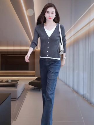 【80-180斤】秋季女装拼接时尚气质显瘦休闲拼色假两件针织衫LL