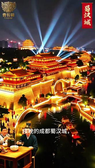 #创作灵感 ai原创《成都蜀汉城》夜晚的成都蜀汉城,灯火辉煌,1:1复原的蜀汉皇宫与武担山祭坛在灯光映照下宛如穿越。镜头从高空俯瞰,1.2公里地下步行系统如光带连接武侯祠、锦里与南郊公园。游客身着三国服饰,在VR战场体验《真·三国无双》,抽签定阵营参与“印象三国”演出,剧情分支丰富。河面游船缓缓驶过,锦江夜色倒映着汉式建筑的轮廓。诸葛书院内,学者在讲授三国谋略;三国剧本饭局上,食客举杯笑谈;皇宫民宿中,灯火透出温暖。四季场景切换:官渡、赤壁等战役主题灯光秀轮番上演,游客沉浸在三国文化的全时段体验中。整体画面唯美、热闹、沉浸感强,既有历史厚重感,又具现代商业活力。#ai创作#成都#蜀汉城#三国演义 #古城夜景