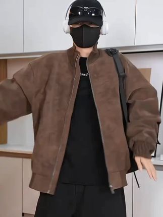 咖棕色美式复古雾面pu皮夹克男秋季短款cleanfit正肩立领飞行外套#短裤#夹克#外套