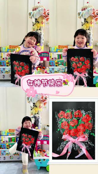 3岁美育启蒙 幼儿创意美术菜根拓印画《女神节花束💐》#儿童创意绘画 #创作者中心 #创作灵感 #38女王节