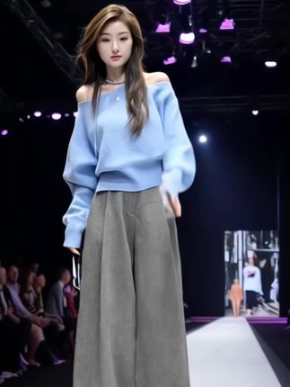 2025秋季新款韩系高级感蓝色斜肩毛衣女休闲宽松高腰阔腿裤两件套#时尚感穿搭 #每日搭配分享 #今天穿什么