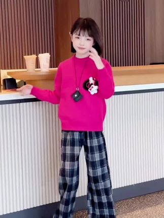 女童秋冬装2025新款慵懒风针织衫加绒格子裤两件套#时尚又洋气#谁穿谁好看